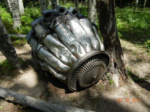 1996 Ford Bronco - A large, metallic radial engine part lies on the forest floor next to a tree trunk.