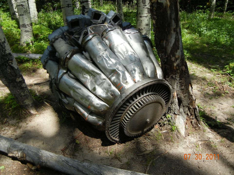 Large metal radial engine component resting on the ground near trees
