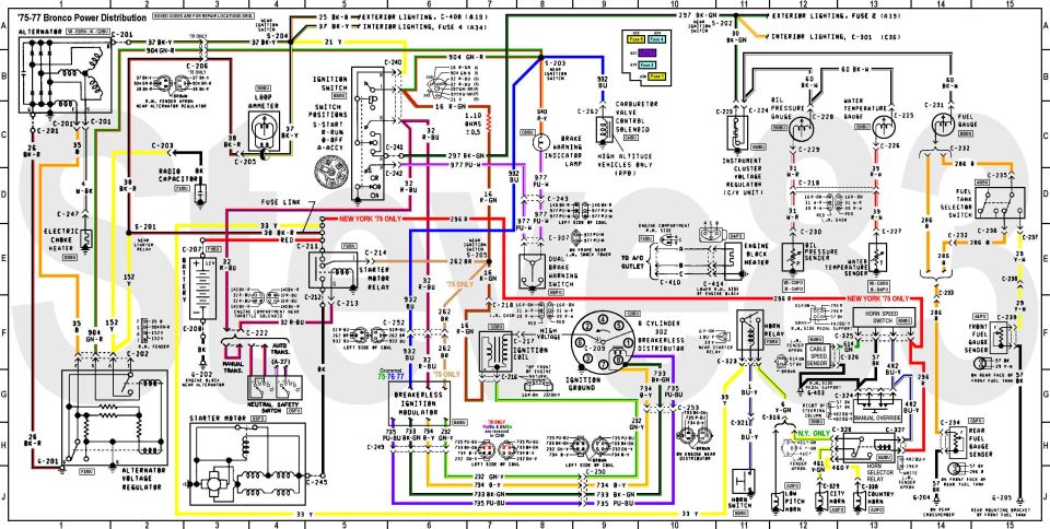 1975-77 Ford Bronco color power distribution wiring diagram