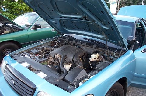 2001 Ford Crown Victoria - Engine bay of a 2001 Ford Crown Victoria, showing the V8 engine and components.