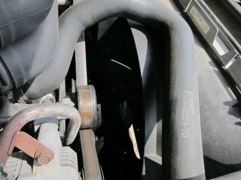 1991 Ford LTD Crown Victoria - Engine bay view showing a fan and hoses, including a part number on the hose.