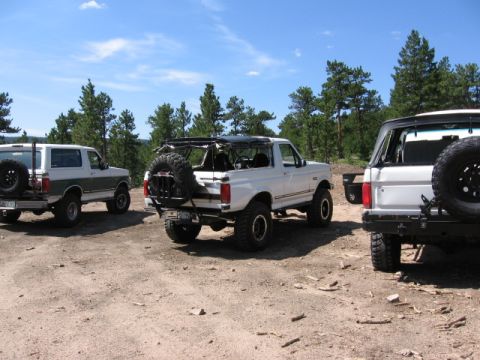 1995 Ford Bronco - Three lifted full-size Ford Broncos parked on a dirt clearing in a pine forest, viewed from behind. The center white Bronco has its hardtop…
