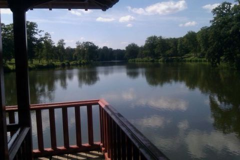 1991 Ford LTD Crown Victoria - A tranquil scene of a lake surrounded by trees, viewed from a wooden gazebo on a sunny day.