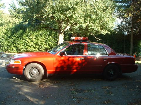1999 Ford Crown Victoria - This red police car, likely a 1998 model, is parked outside with trees in the background.