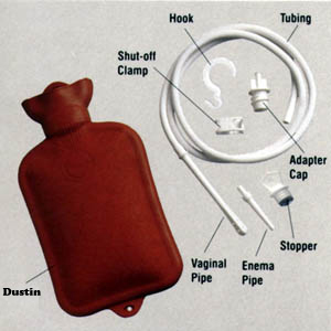 1999 Ford F-250 - This image shows a hot water bottle and components of an enema kit, labeled for identification.