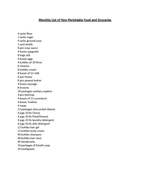1986 Ford Bronco - A document titled 'Monthly List of Non-Perishable Food and Groceries' lists various food and household items.