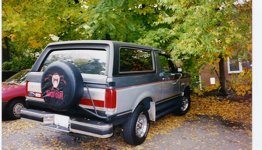 Rear view of a 1990 Ford Bronco with a Tazmanian Devil spare tire cover