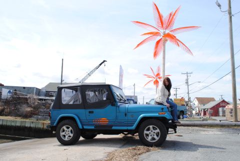 1991 Jeep YJ - A blue Jeep Wrangler is parked near a waterfront with a woman sitting on its hood.