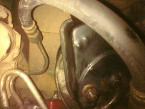 1995 Ford Bronco - Close-up view of the power steering pump and associated hoses within the engine compartment.