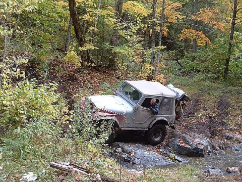 1978 Ford Bronco - A gray Jeep CJ-5, adorned with shark teeth graphics, ventures through a challenging, wooded terrain with a rocky stream.