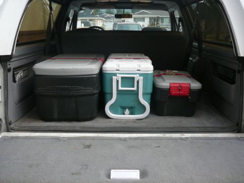 1988 Ford Bronco - Three coolers are stored in the cargo area of a white SUV, viewed from the rear.