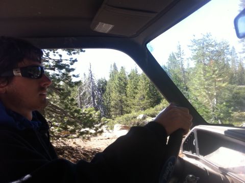 1990 Ford Bronco - Driver's perspective from inside an off-road vehicle on a sunny day, with trees and rocky terrain outside.