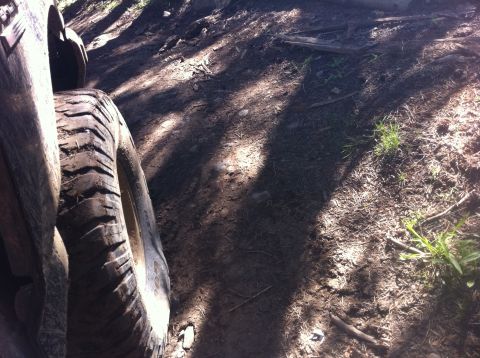 1990 Ford Bronco - A close-up view of a vehicle's tire on a muddy, off-road path.