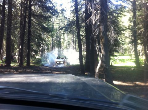 1990 Ford Bronco - A white 1990 Ford Bronco kicks up water as it drives through a forest stream.