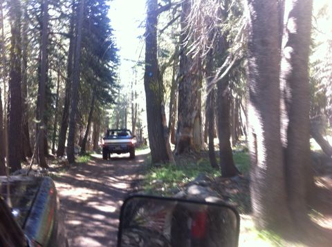 1990 Ford Bronco - Two trucks travel down a wooded dirt road, with the camera vehicle following behind.