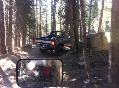 1990 Ford Bronco - A lifted Ford Bronco navigates a wooded trail, its rear visible as it drives away.