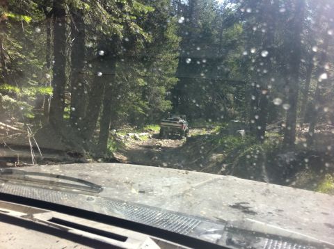 1990 Ford Bronco - Two vehicles on a dirt path in a forest, one ahead of the other.