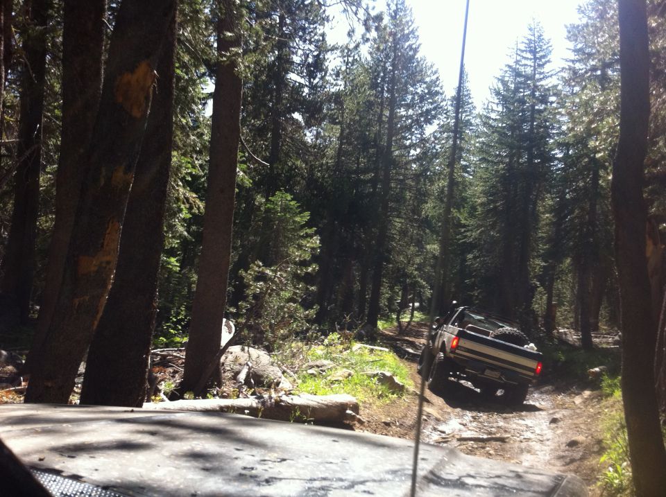 Pickup truck driving on a rocky dirt path through a forest. Another vehicle is partially visible in the foreground
