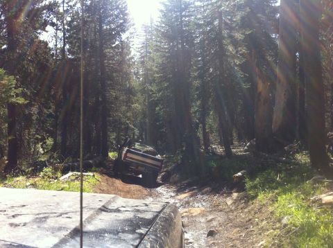 1990 Ford Bronco - A Ford Bronco navigates a challenging off-road trail through a dense forest.