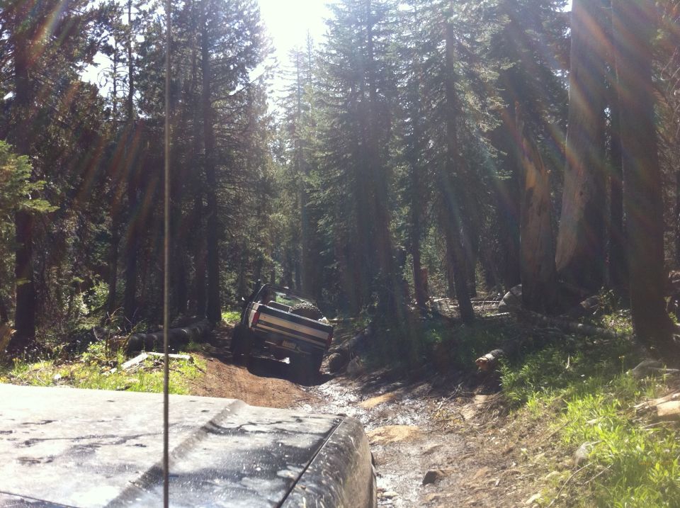 Dark blue and white Ford Bronco on a muddy forest trail, viewed from another vehicle