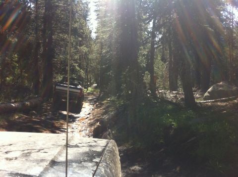 1990 Ford Bronco - Two vehicles traverse a challenging, muddy path through a dense forest.