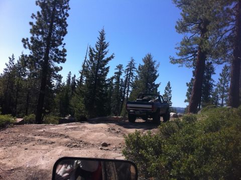 1990 Ford Bronco - A 1990 Ford Bronco navigates a rocky, wooded trail under a clear blue sky.