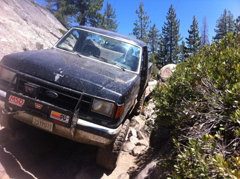 1990 Ford Bronco - This Ford pickup is on a challenging off-road trail with trees and rocks surrounding it.