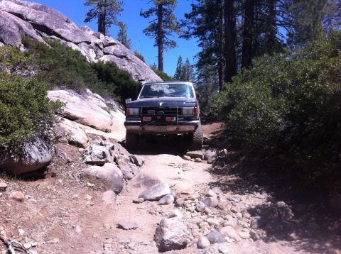 1990 Ford Bronco - A black Ford Bronco navigates a challenging off-road path through a forest with large boulders.