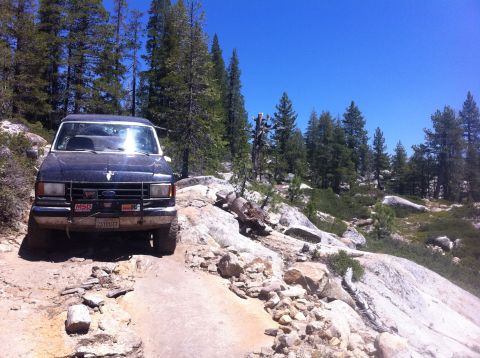 1990 Ford Bronco - This 1990 Ford Bronco navigates a , rocky path through a forest under a clear blue sky.