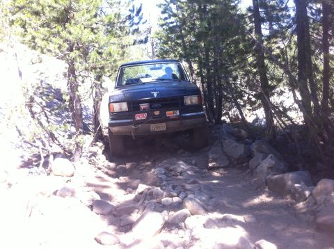 1990 Ford Bronco - A black Ford Bronco navigates a challenging, rocky off-road path through a wooded area.