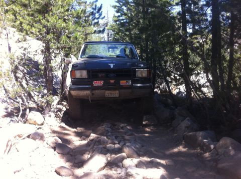 1990 Ford Bronco - Ford Bronco tackling a difficult, rocky path surrounded by trees.