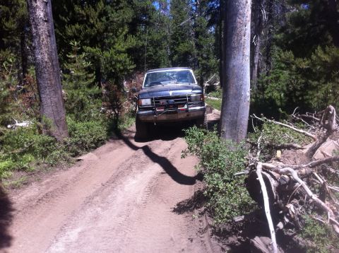 1990 Ford Bronco - A dark blue Ford Bronco navigates a muddy, wooded trail.