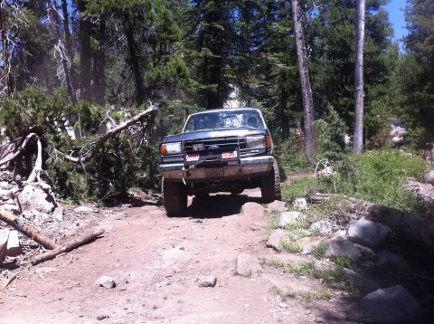 1990 Ford Bronco - A Ford Bronco navigates a rough, off-road path surrounded by dense forest and scattered rocks.
