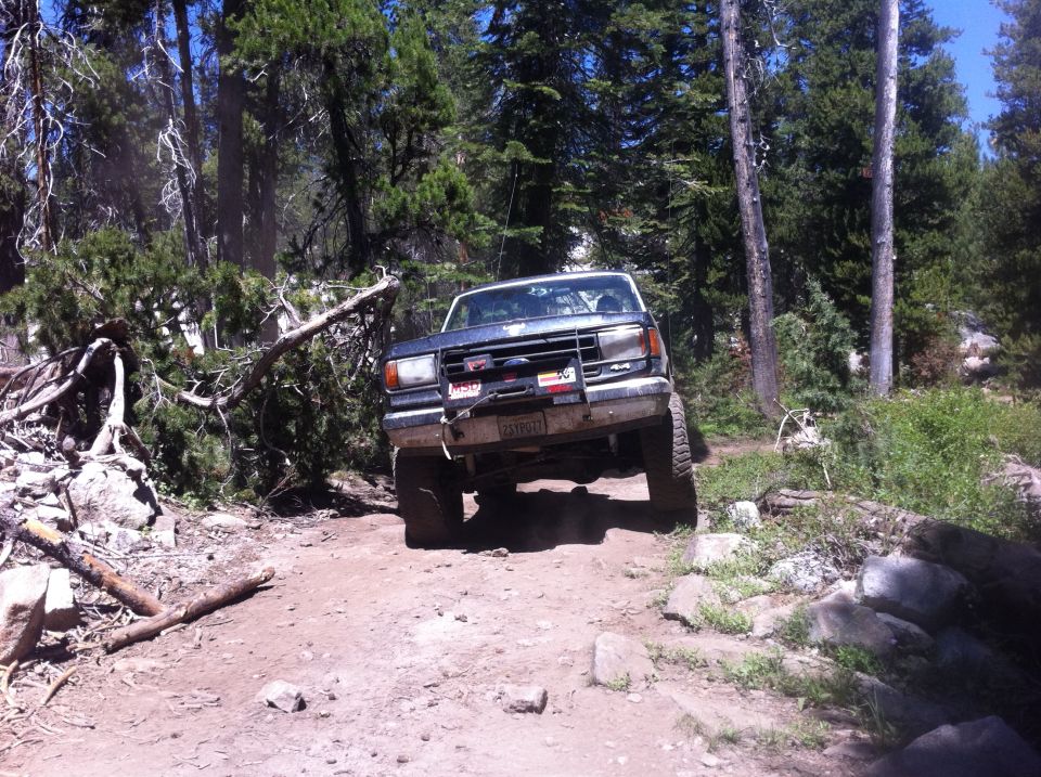 Dark blue Ford Bronco on a rocky, wooded trail, front-left tire elevated