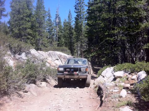 1990 Ford Bronco - A Ford F-Series truck navigates a rough, off-road path surrounded by trees and rocks.