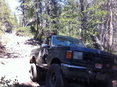 1990 Ford Bronco - This 1990 Ford Bronco navigates a rocky, wooded trail with its doors removed.