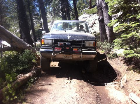 1990 Ford Bronco - This 1990 Ford Bronco is shown off-roading on a dirt path surrounded by trees.