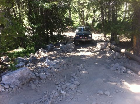1990 Ford Bronco - A 1990 Ford Bronco navigates a challenging, rocky path through a wooded area.