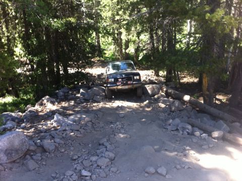 1990 Ford Bronco - A Ford Bronco is shown on a challenging, rocky path through a forest.