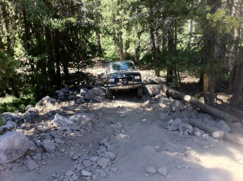 1990 Ford Bronco - A black Ford Bronco drives through a challenging, rocky terrain in a forest.