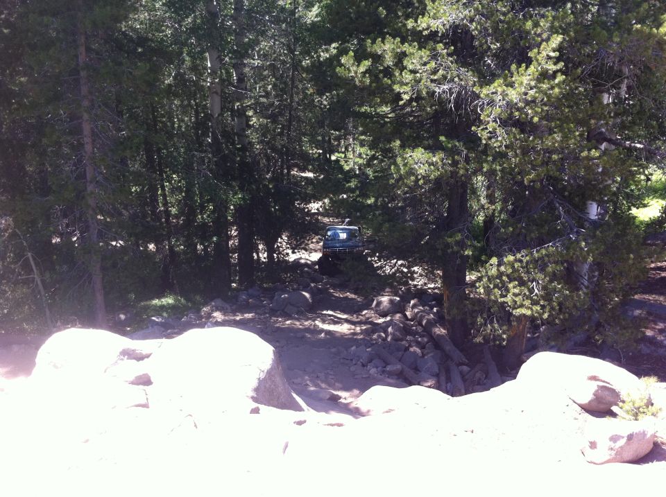 Blue SUV driving on a rocky, wooded trail