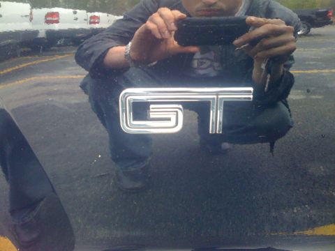 2008 Ford Mustang - A person takes a photo of a car's GT emblem, with other vehicles visible in the background.