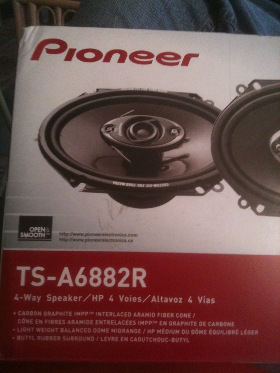Pioneer TS-A6882R 4-way speaker box showing two 6x8 speakers, custom-fit for Ford/Mazda