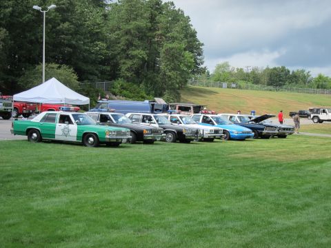 1991 Ford LTD Crown Victoria - lineup of vintage police cars and other vehicles, including a green-and-white unit, parked on grass under a cloudy sky.