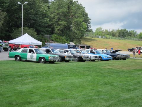 1991 Ford LTD Crown Victoria - row of classic police cars on a grassy field, led by a green-and-white sedan, with a tent and trees behind.