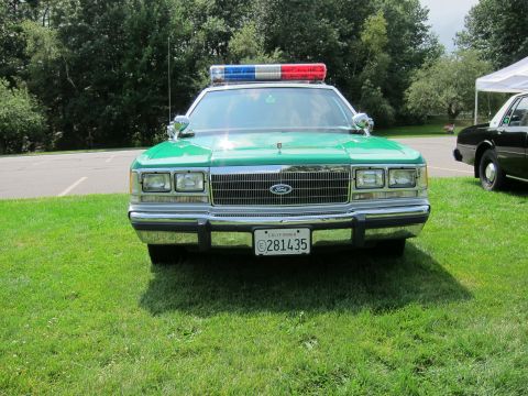 1991 Ford LTD Crown Victoria - Head-on view of a green-and-white Ford police sedan showing its grille, quad headlights, roof light bar and front license plate.