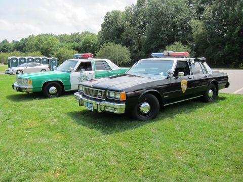 1991 Ford LTD Crown Victoria - black-and-white police cruiser marked 154 with a shield emblem parked beside a green-and-white police sedan on grass.