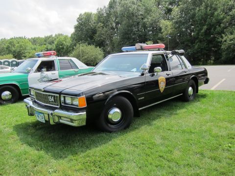 1991 Ford LTD Crown Victoria - black-and-white police cruiser numbered 154 with a gold shield door emblem and roof light bar parked on a grassy field.