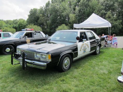 1991 Ford LTD Crown Victoria - black-and-white Ford highway patrol cruiser with star emblem and front push bumper parked beside other police cars on grass.