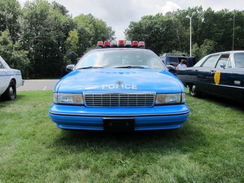 1991 Ford LTD Crown Victoria - Head-on view of a blue Chevrolet Caprice police sedan with rounded grille, POLICE lettering and red roof light bar on grass.